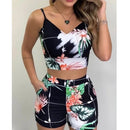 the SHORTY - Summer Women 2-Piece High Waist Hot Shorts Flower Printed Sleeveless V-Neck Sling Blouse Shorts Set
