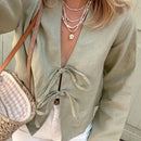 the BOHO TIE - Female Street Tops Linen Lace Up Long Sleeve Fashion Chic Casual Loose V-Neck Shirt