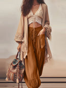 the CAPPUCCINO - Women's Vintage Casual Trousers Elastic Waist Drawstring High Waist Loose Pocket Design Ankle Length Bloomers