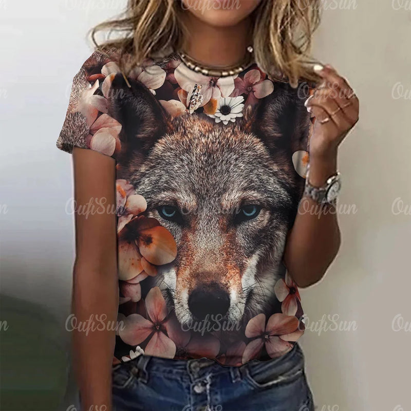 3d Wolf Print Women T-Shirts Summer Fashion Animal Gothic T-Shirt Short Sleeve O-Neck Hip Hop Tee Oversized Woman Clothing