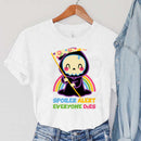 the SPOILER ALERT - Cartoon Rainbow Spoiler Alert Everyone Dies Print Vintage Reaper Sickle T-Shirts for Women
