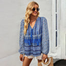 the BAGGY BOHO - Boho Floral Blouse V-Neck Tassel Long Sleeve Bohemian Summer Fashion Shirt for Women