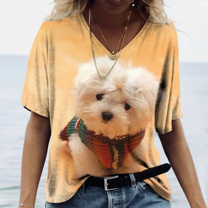 Summer New Women's V-neck Top Short Sleeve T-shirts 3D Cute Dog Print Casual Lovely Harajuku Versatile Y2K Clothes European Size