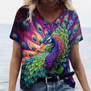 the PEACOCK - 3D Peacock Feathers Print Fashion Short Sleeve Casual V-Neck T-Shirts for Women