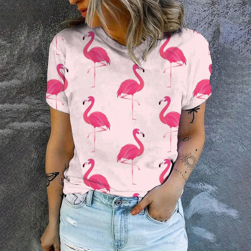 Fashion Trend High Quality Loose Short Sleeve Top Simple Casual Round Neck T-shirt Summer New Flamingo Print Women's T-shirt