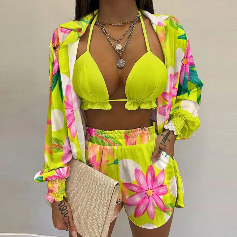 2024 Bohemia Beach Summer Women Clothing Outfits Fashion Spring Sling Tops Long Shirt Short Pants 3 Pcs Sets