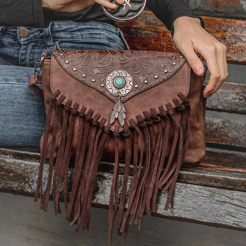 the WESTERNER - Original Design Shoulder Bag for Women, PU Leather Luxury Clutch Designer Handbags, Western Purse Fringe Messenger Bag