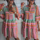 the PINK POPPY - Women Sexy V-Neck Ruffles Boho Spring Vintage Retro Print A-Line Casual 3/4 Flare Sleeve Loose Mini Dress