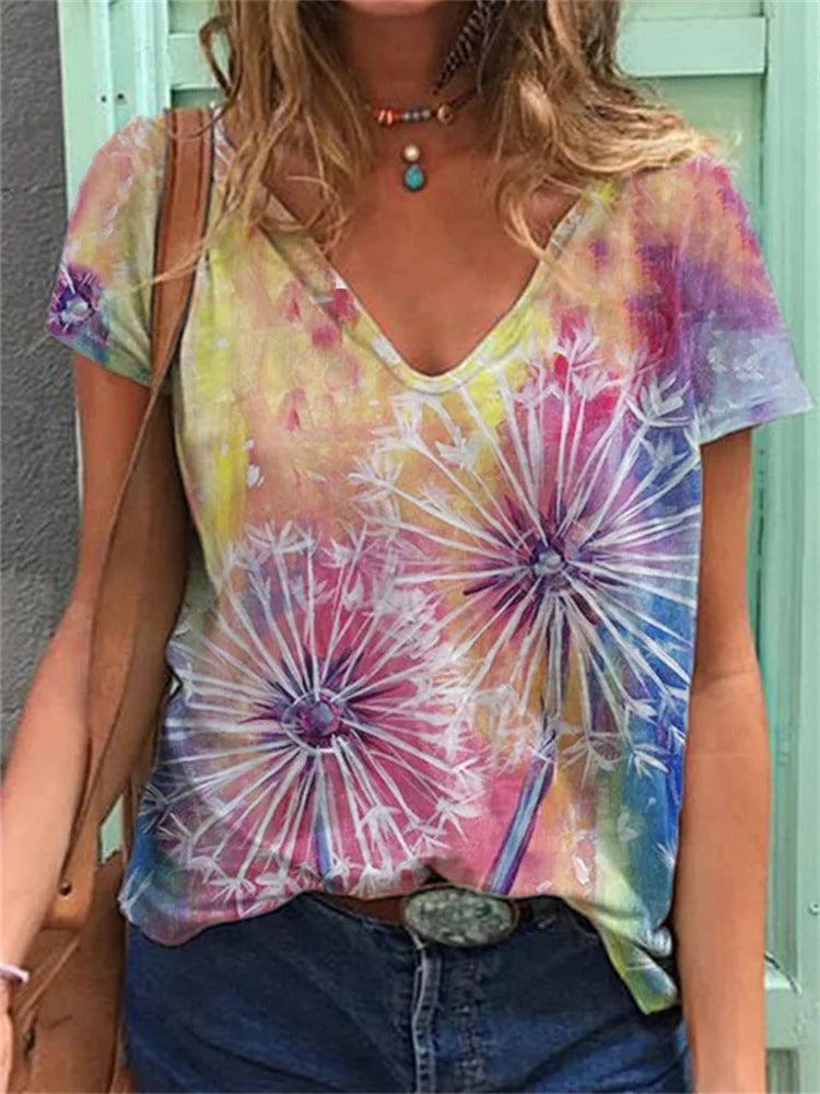 T-shirts For Women Summer 2024 Hippie Women's T Shirt Sequin Top Fashion Short Sleeve Print Tops Large Size Loose Tees Shirt