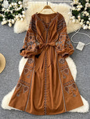 the INDIE BOHO - Bohemian Retro Ethnic Style Spring Autumn Embroidered Lace Up Lantern Sleeves Waist Cinching Long Dress
