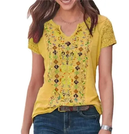 XS-8XL Summer Clothes Women's Fashion Casual V-neck Short Sleeved Tops Ladies Bohemian Floral Printed Blouses Loose Tee Shirts