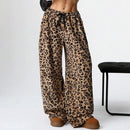 the WILD CAT - Women's Leopard Casual High Waist Lace-Up Elastic Wide Leg Fashion Animal Print Boho Pants