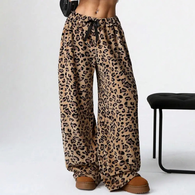 Women's Leopard Pant Casual High Waist Lace-up Elastic Wide Leg Pants Fall Winter New Women's Fashion Animal Print Trousers