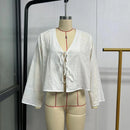 the BOHO TIE - Female Street Tops Linen Lace Up Long Sleeve Fashion Chic Casual Loose V-Neck Shirt
