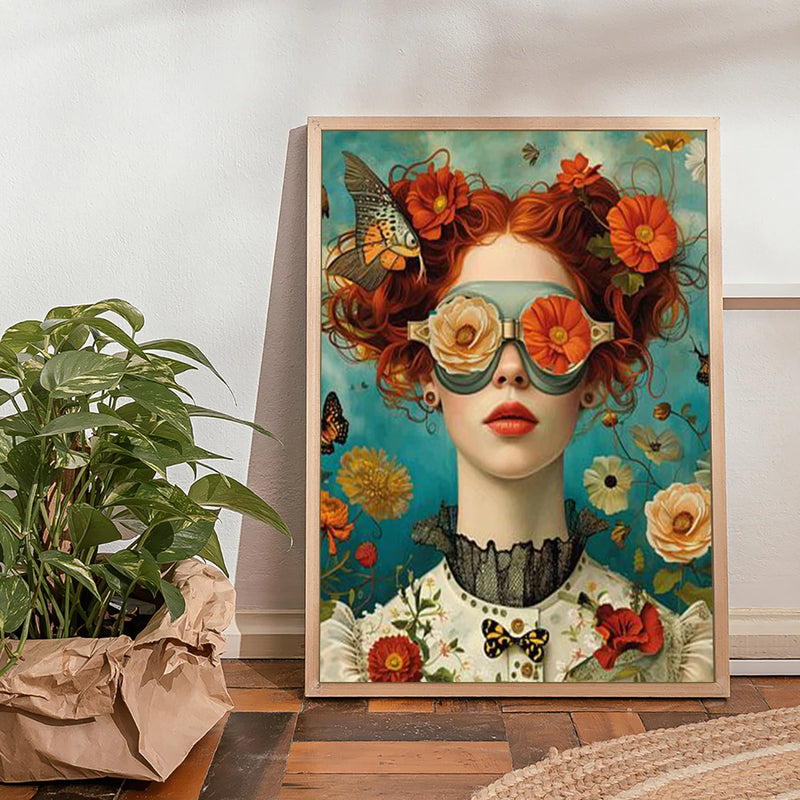 the BOHO BEAUTY - Nordic Boho Fashion Glasses Woman with Flowers Wall Art, Canvas Painting Butterfly with Girl Portrait Poster Prints Mural Picture