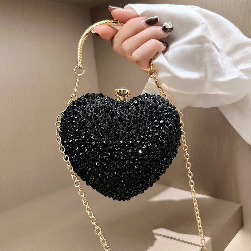 the CRYSTAL HEART - Luxury Diamond Inlay Heart Shape Crystal Clutch Purse, Stones Evening Wedding Party Shoulder Bag, Handle Rhinestone Mini Handbags