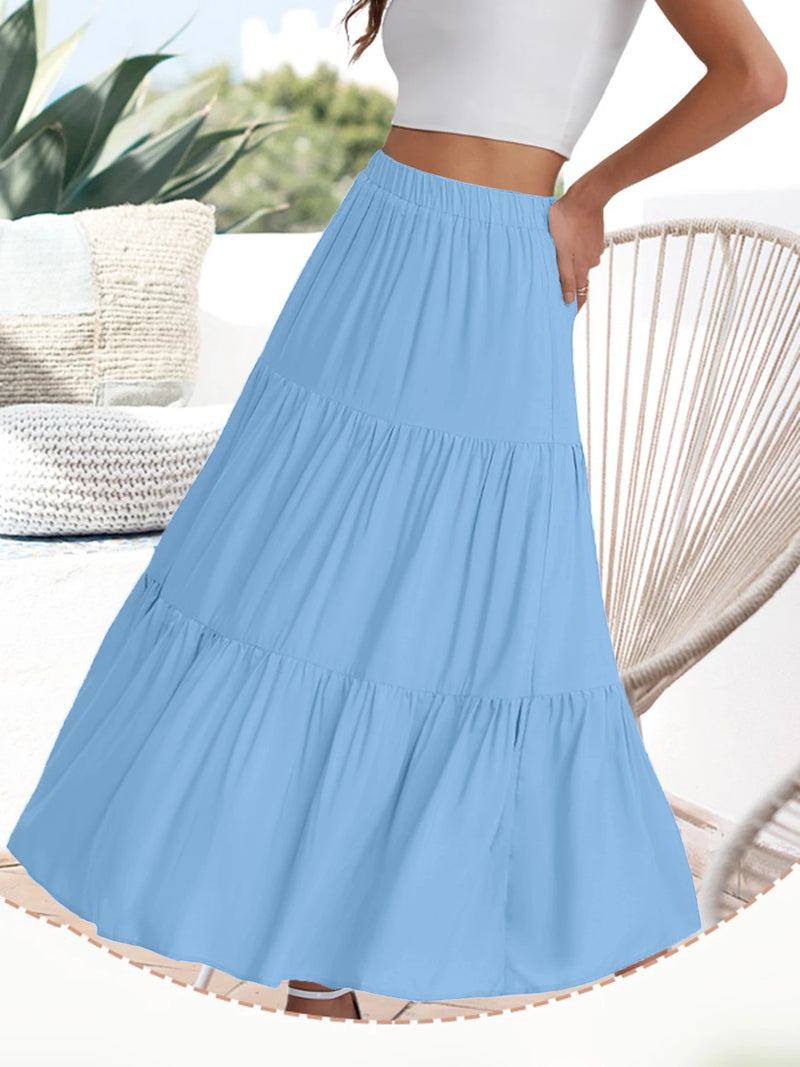 2024 Women's cross-border European and American summer Bohemian pleated A-line flowing swaying layered long skirt for wome