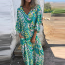 the LOUNGER BOHO - Vintage Leopard Print Bohemian Casual V-Neck Loose Long Sleeve Maxi Dress for Women