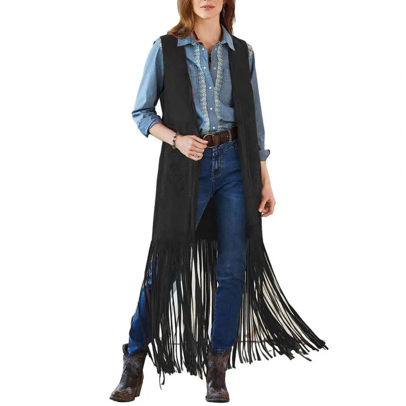 Western Fringed Vest Bohemian Fringe Vest Women's Sleeveless Cardigan with Tassel Detail Patch Pockets for Cowboy Cosplay