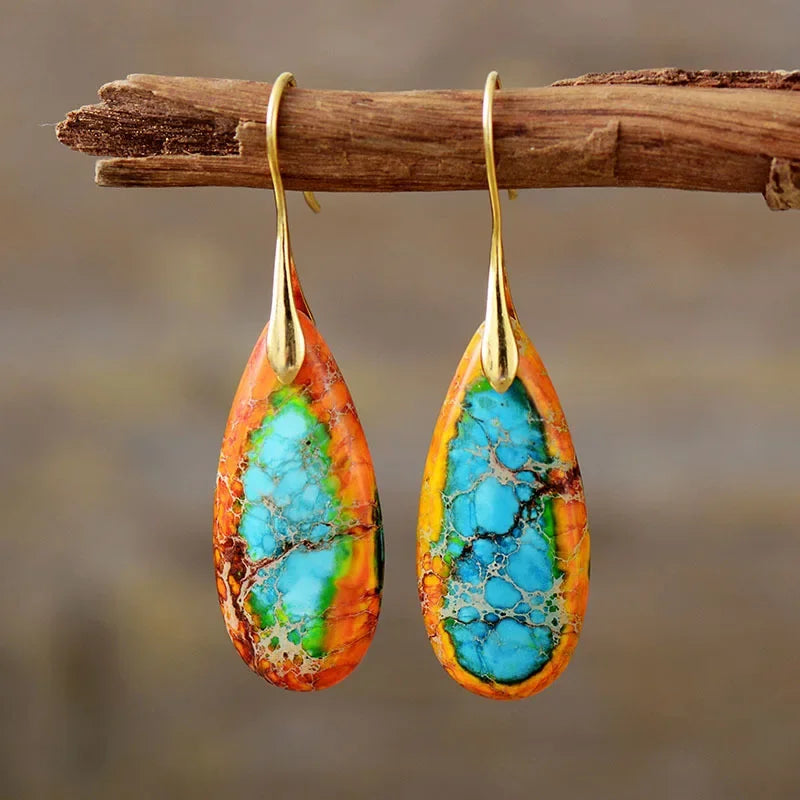 the BOHO STONE - Original Luxury Bohemian Emperor Stone Geometric Pendant Earring Natural Stone Jewelry Earrings for Women