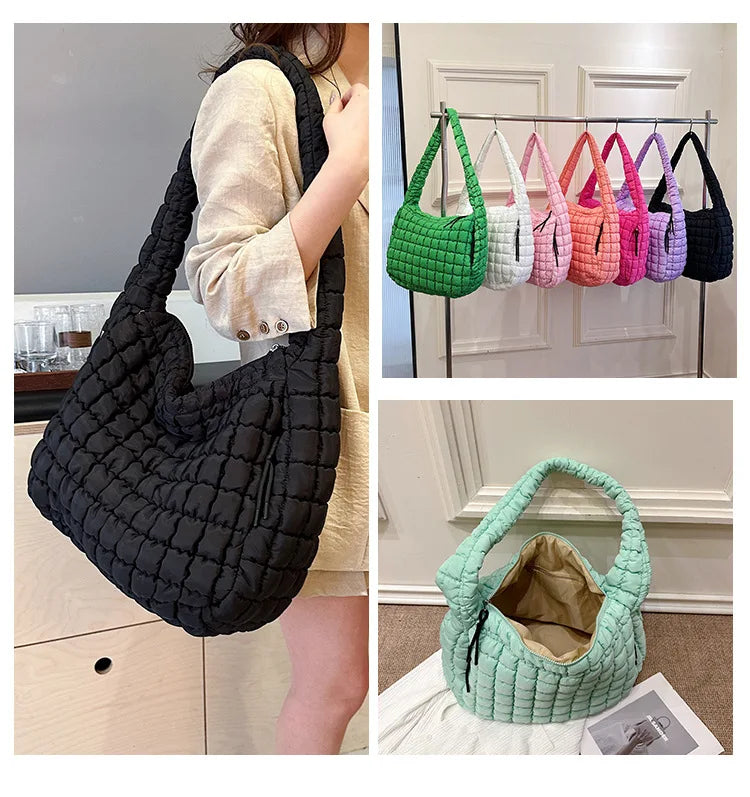 the PUFFY BOHO - Casual Ruched Hobos, Women Shoulder Bags, Quilted Padded Crossbody Bag, Large Capacity Nylon Puffer Tote Bag, Big Shopper Purses