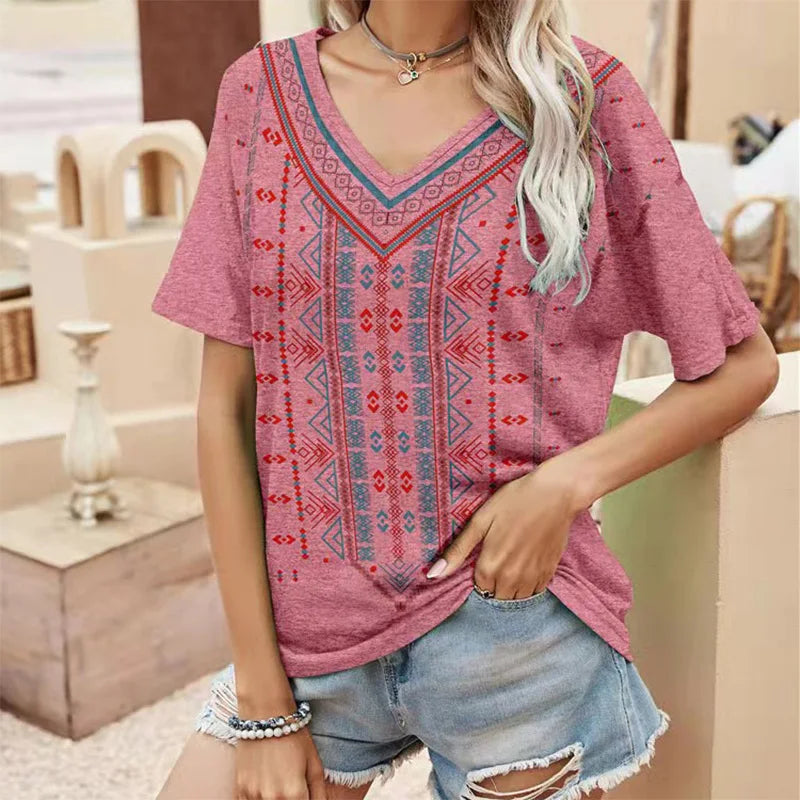 Summer T-shirt Floral Ethnic 3D Print V-Neck Tees Retro Women Tops Boho Streetwear Harajuku Oversized T Shirts Female Clothing