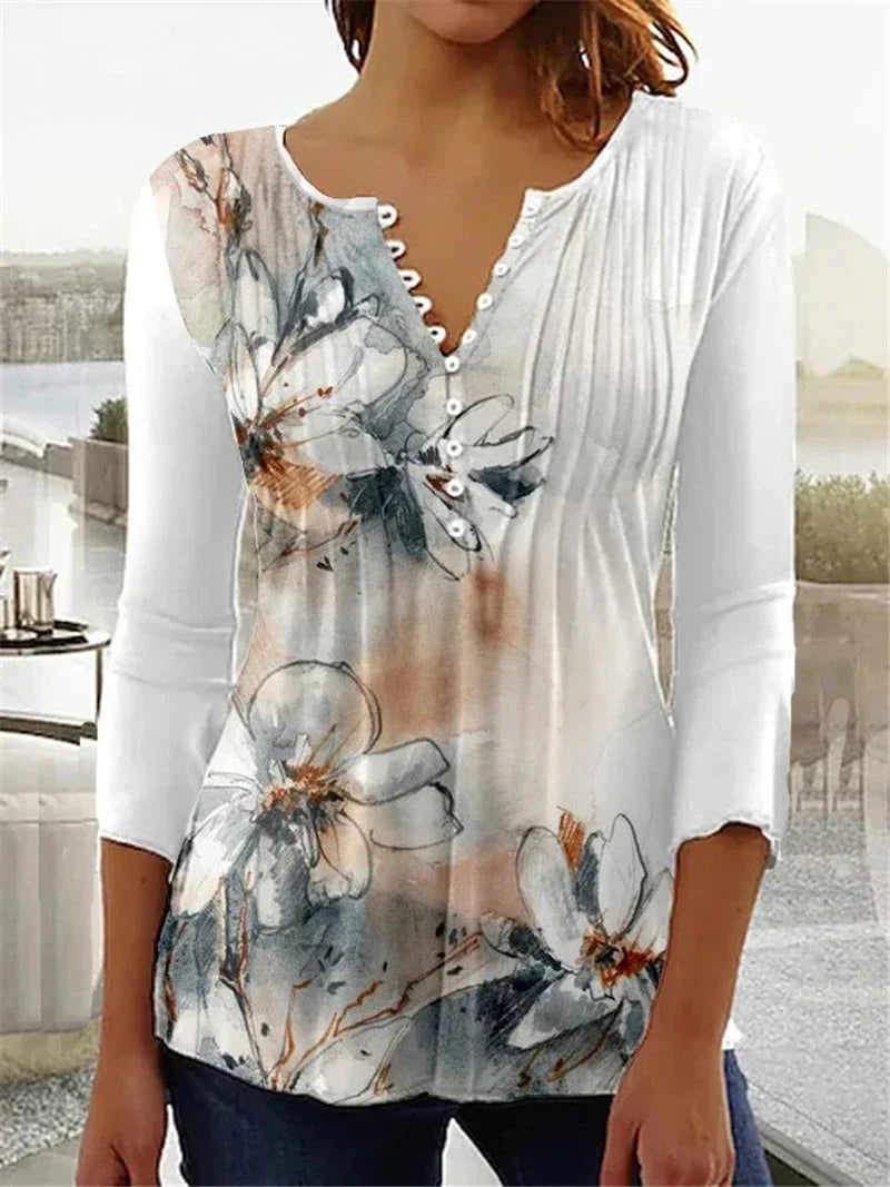 the FLOWER SHOP - Women's Vintage Floral Print Pleated Button Spring/Summer Fashion V-Neck 3/4 Sleeve Elegant Slim Blouse Tops
