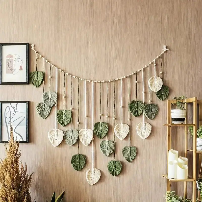 the LEAFY WALL - Boho Home Decoration, Macrame Tapestry, Macrame Leaf Feather Wall Hanging Decor for Living Room/Bedroom, Boho Wall Art Home Decor