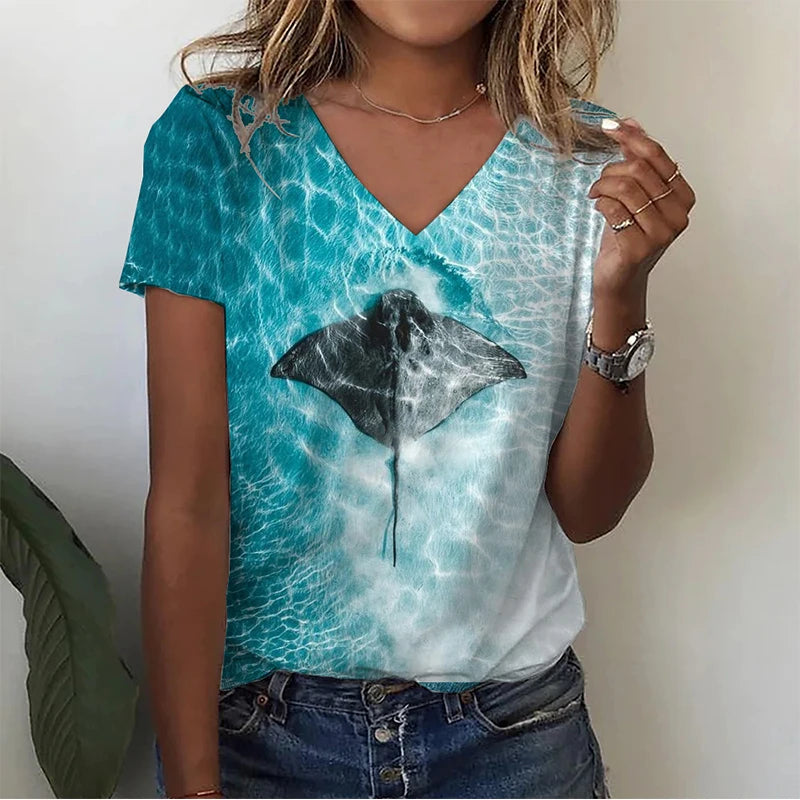 Summer Infauna Shark 3D Print T-shirt Women Streetwear Sea Turtle Shoal T Shirts Y2k Tops Woman V-Neck Tees Oversized Clothing