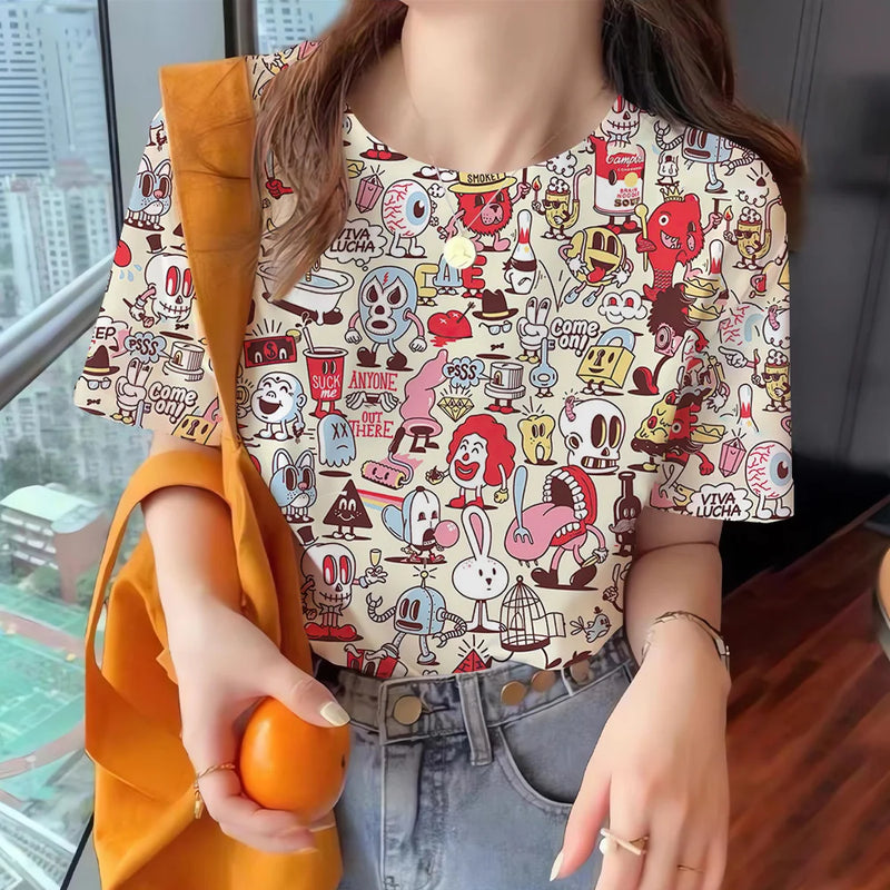 Summer Women's T Shirt Colorful Abstract Print O Neck Casual Short Sleeve Tees Female Overszied Clothing Fashion Street Pullover