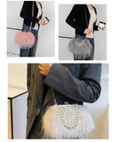 the FURBIE - Designer Women's Handbag with Tassel, Luxury Plush Evening Bags with Pearl Chain, Ladies Purse Tote Bag, Fashion Crossbody Bag