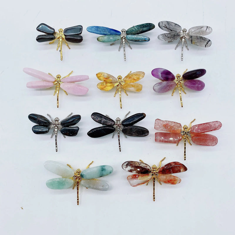 the DRAGONFLY - 2pcs Natural Mixed Material Energy Reiki Stone Dragonfly Carving Decoration Crystal Quartz Healing High Quality Gemstone For Gift