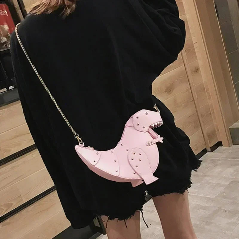 the DINO-MYTE - Trend Fashion 3D Dinosaur Design Rivets PU Leather Chain Purse, Shoulder Bag Tote, Crossbody Mini Messenger Bag