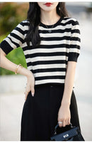 the CASHMERE - Sweater Short Sleeved Striped Sweater Pullover Knitted Cashmere Sweater for Women