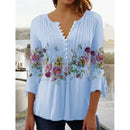 the FLOWER SHOP - Women's Vintage Floral Print Pleated Button Spring/Summer Fashion V-Neck 3/4 Sleeve Elegant Slim Blouse Tops