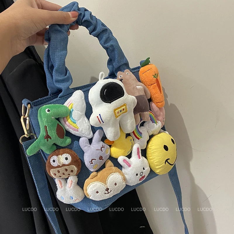 the DOLLY LLAMA - Cute Dolls Design Bucket Shoulder Crossbody Bags, Fashion Denim Cartoon Toy Decoration Tote Handbags for Women