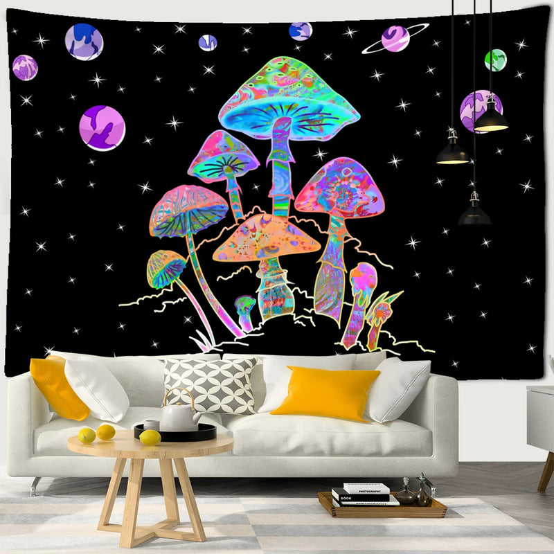 the PLANET MUSHROOM - Cartoon Planet Mushroom Tapestry Wall Hanging, Psychedelic Abstract Boho Kawaii Bedroom/Living Room/Bedroom Decor