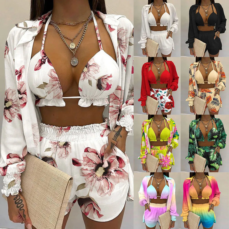 2024 Bohemia Beach Summer Women Clothing Outfits Fashion Spring Sling Tops Long Shirt Short Pants 3 Pcs Sets