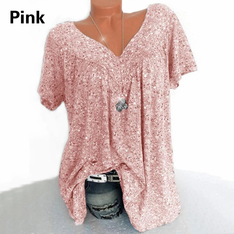 Casual Large Size V-Neck T-Shirt Tops Fashion Women T-Shirt Summer Printed Loose Bottoming Shirt