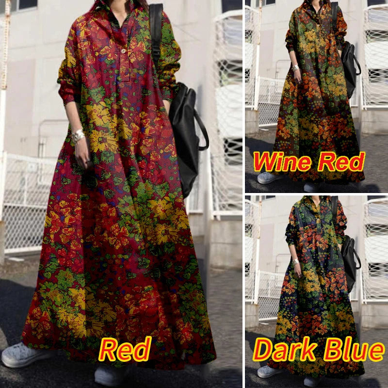 ZANZEA Floral Printed Long Sleeve Cotton Maxi Dress Women Spring 2025 Loose Casual Lapel Neck Shirtdress Streetwear Long Vestido