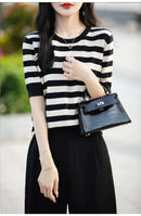 the CASHMERE - Sweater Short Sleeved Striped Sweater Pullover Knitted Cashmere Sweater for Women