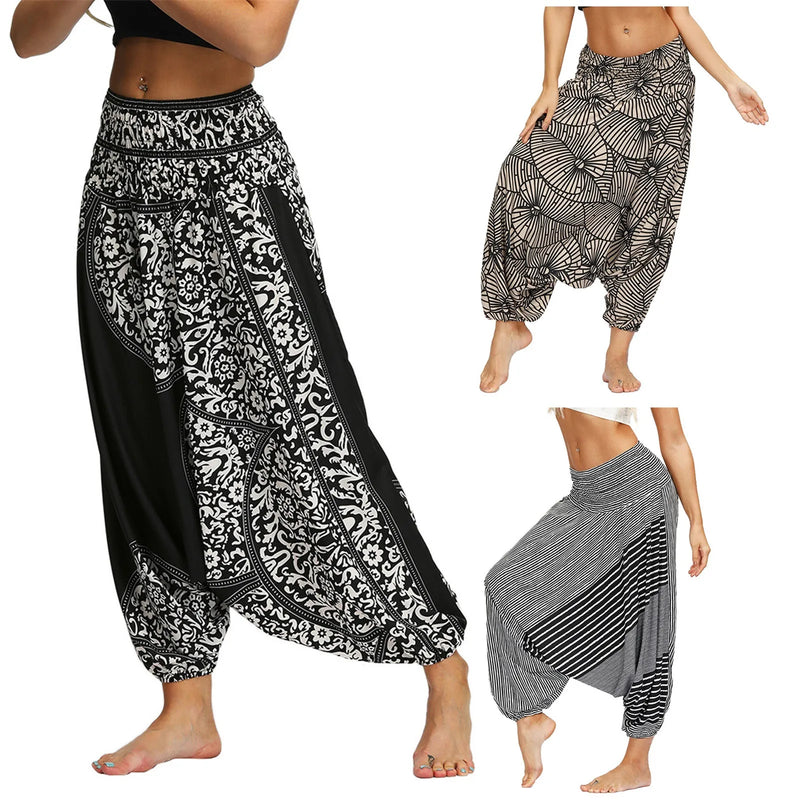 Women Bohemian Harem Pants Elastic Waist Wide Leg Long Pant Vintage Printed Trousers Female Loose Capris Ladies Streetwear