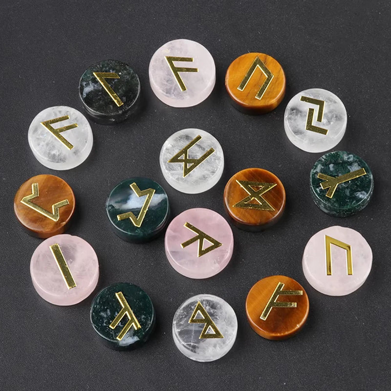 the RUNES - 25pcs Natural Crystal Runes Signs Round Stone Runic Alphabets Letters Sacred Symbol Healing Gem Energy Amulet Reiki Chakra Set