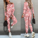the ALPHA - Spring/Autumn Fashion One Shoulder Long Sleeve Pure Cotton Printing Letter Women's Pant Suits