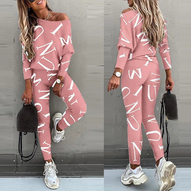 Spring Autumn Fashion One Shoulder Long Sleeve Pure Cotton Printing Letter Women's Clothing Korean Trend Bound Feet Pant Suits