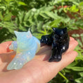 the CRYSTAL CAT - 3" Natural Obsidian + Opalite Prone Cat, Quartz Cat, Crystal Animal, Energy Crystals, Reiki Healing, Crystal Gifts 1PC