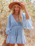 White Lace Tunic Sexy Deep V Neck Button Bikini Cover-ups Women Clothes 2025 Summer Sexy Ruffles Long Sleeves Mini Dress A1132