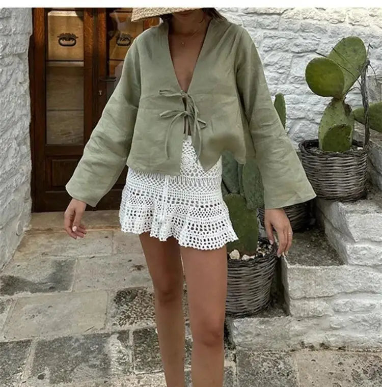 Epligg 2025 Spring New Female Street Tops Green Linen Lace Up Long Sleeve For Women Fashion Chic Casual Loose V Neck Shirt