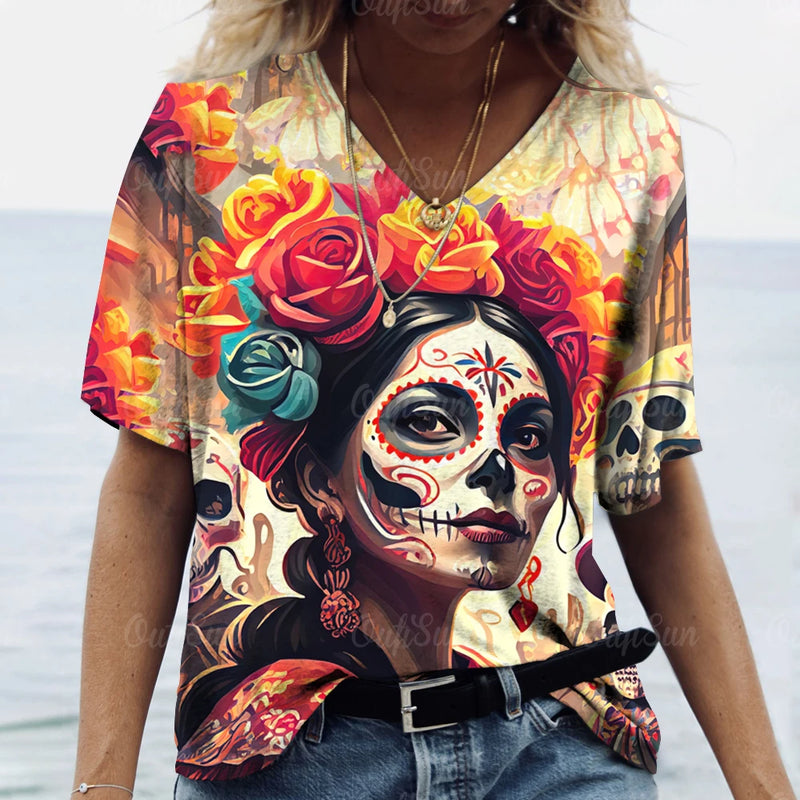 2023 Vintage Skull Face Women's T Shirt Tops V Neck Casual Cotton Short Sleeve Pullover Summer Female Harajuku Punk Streetwear