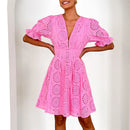 the EYELET DRESS - Sexy Summer V-Neck Short Sleeve Beach Summer Loose Pleated A-Line Lace Hollow Solid Color Dress